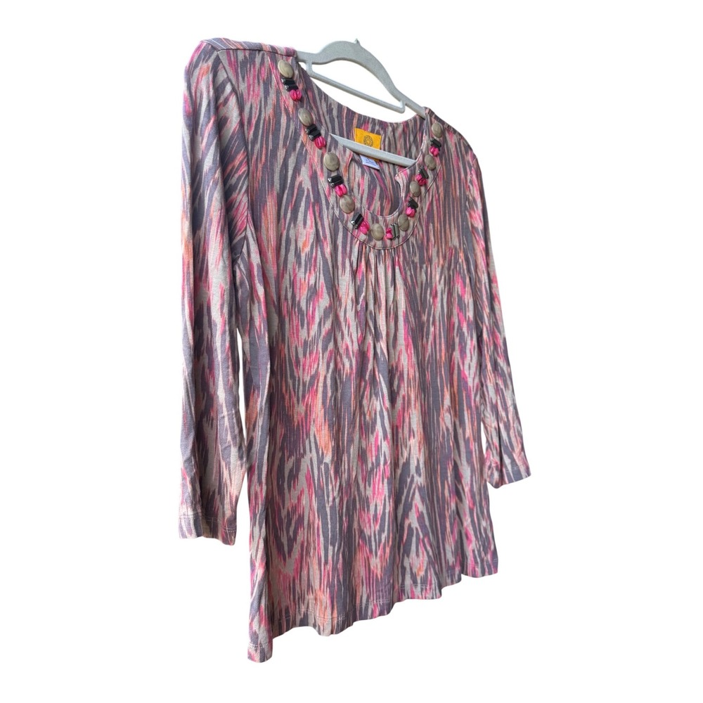 Ruby Rd Womens Pink Grey Abstract Ikat Beaded Neckline 3/4 Sleeve Top Size M